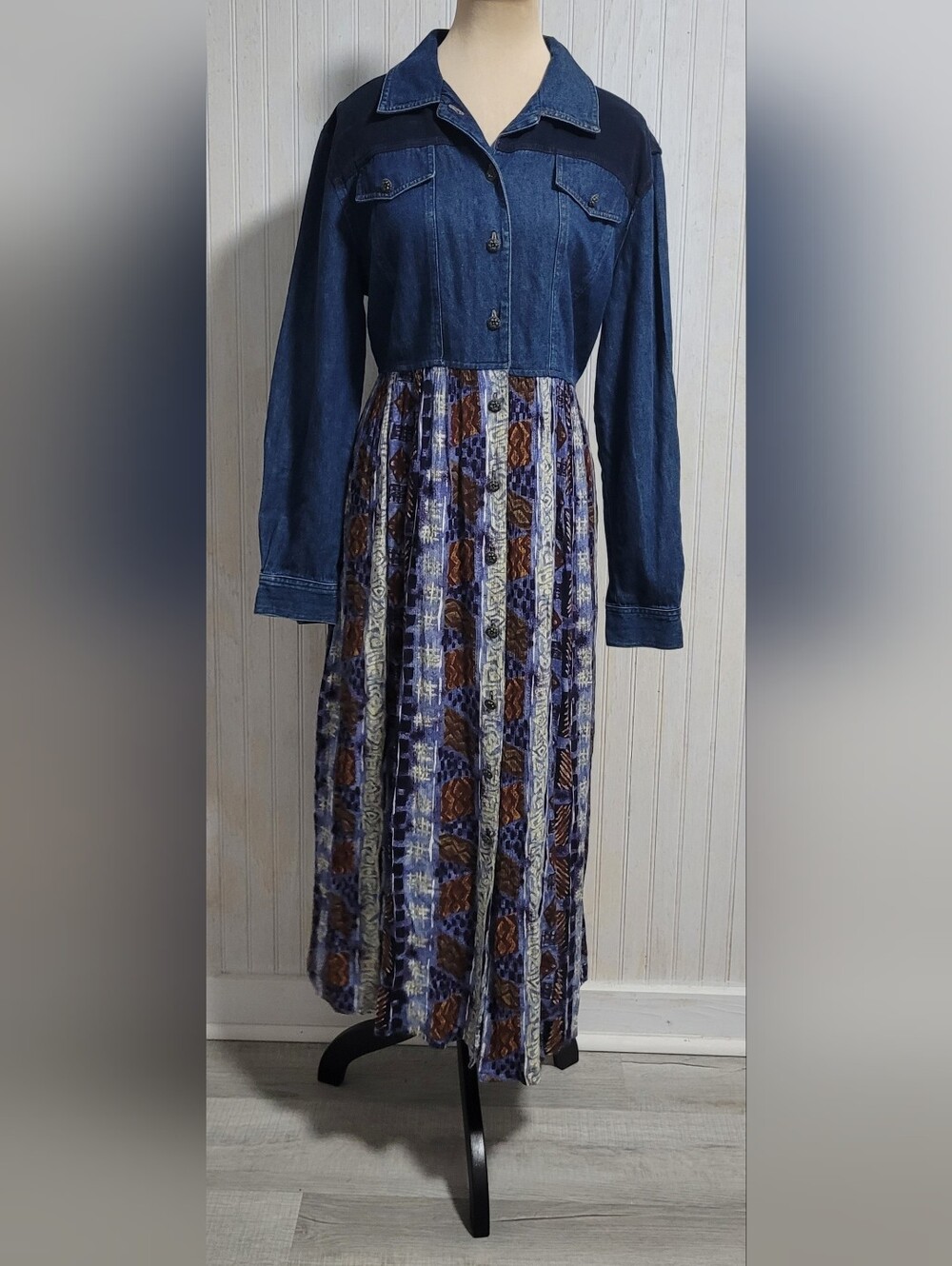 Vintage BT Express Denim Southwestern Mixed Media Maxi Dress Size 9/10